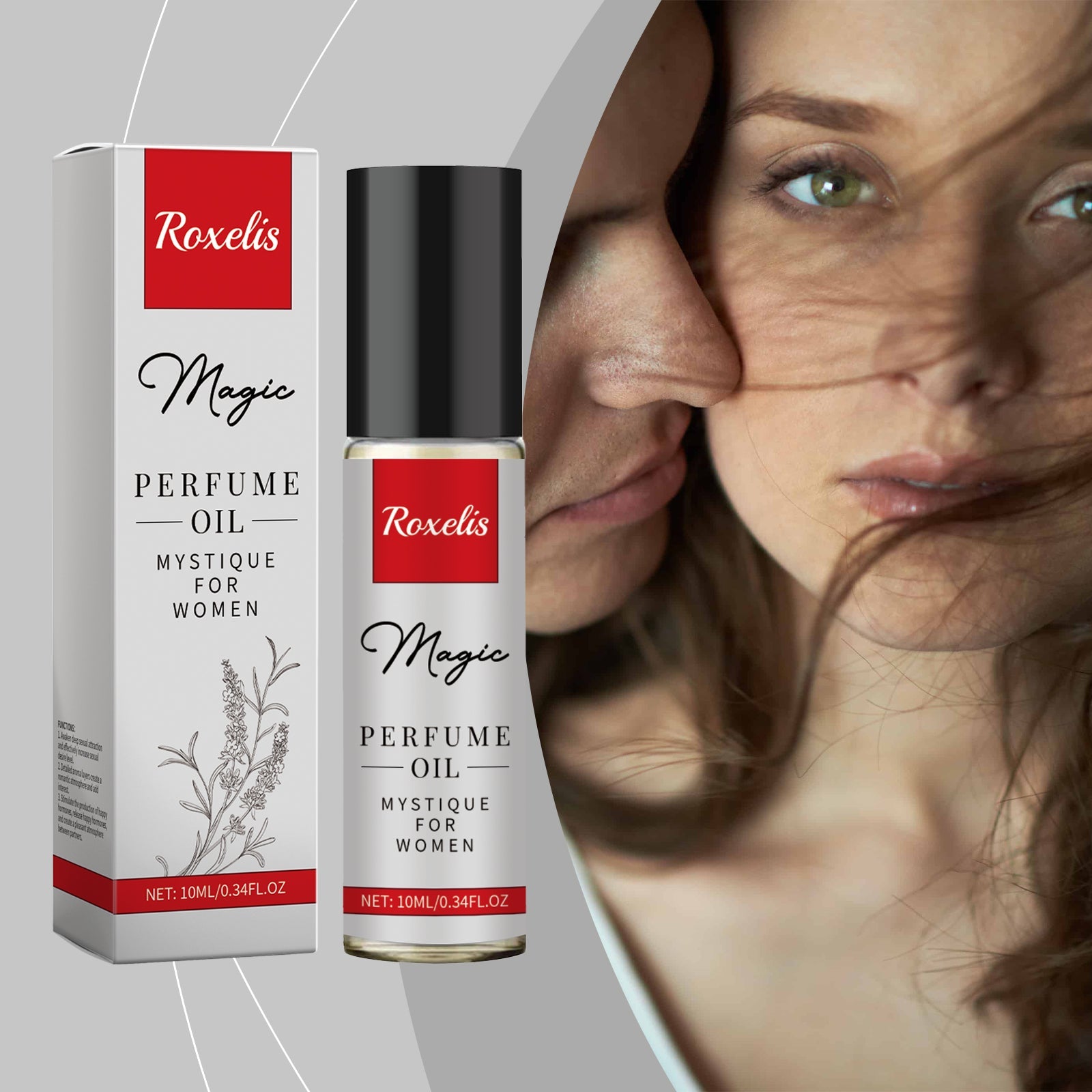 Close-up of woman's face with product bottle beside her, showing natural skin complexion and the fragrance in context of use