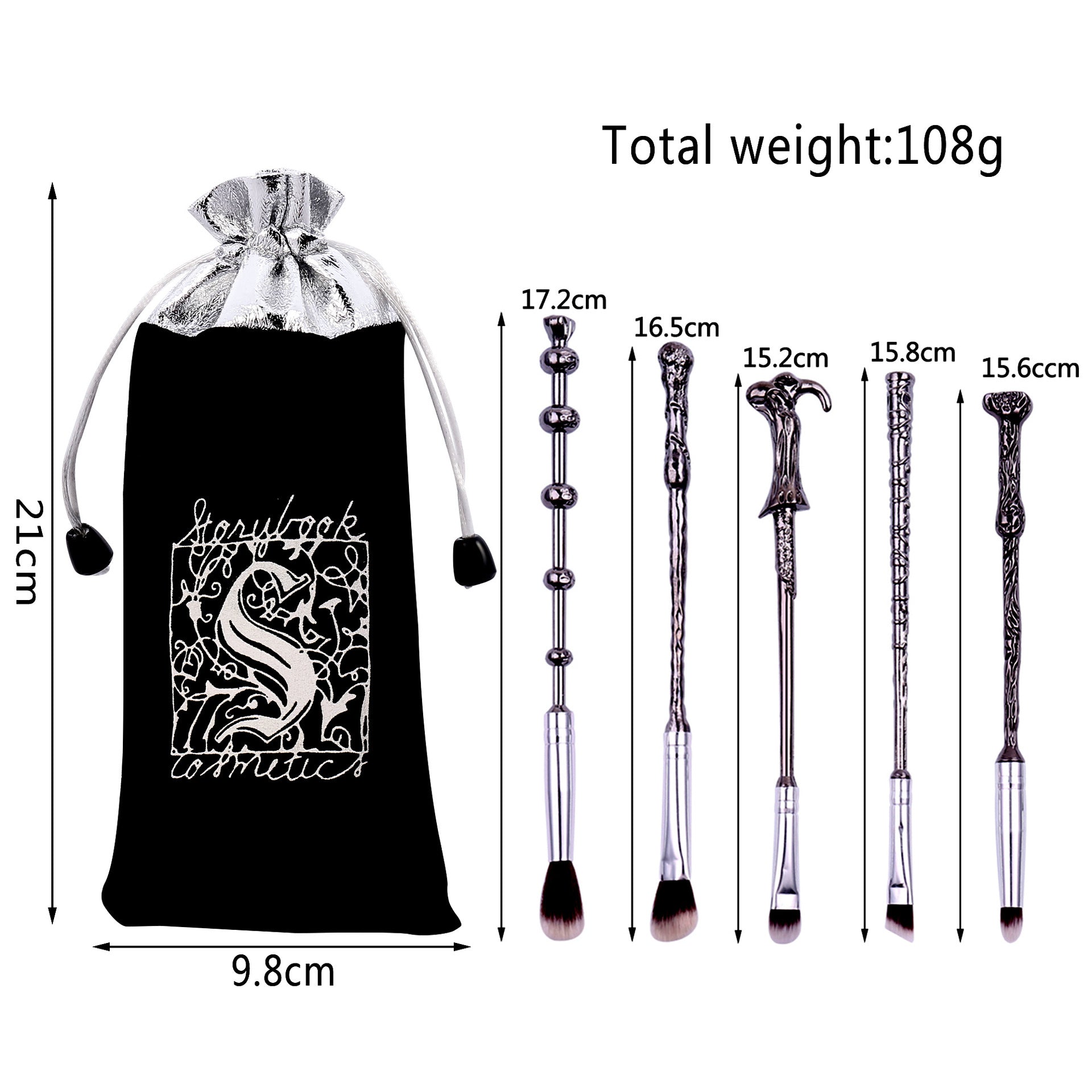 Five gold wand brushes with measurements (14.8cm–17cm) next to branded black velvet Storybook Cosmetics pouch, total weight 107g