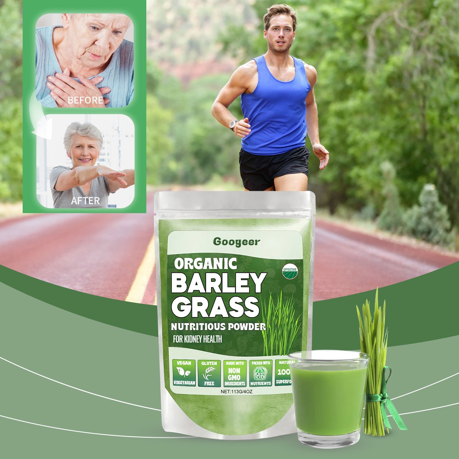 Product Efficacy grid showing six before/after scenarios: back pain relief, improved athletic performance, stomach health, mental clarity, appetite restoration