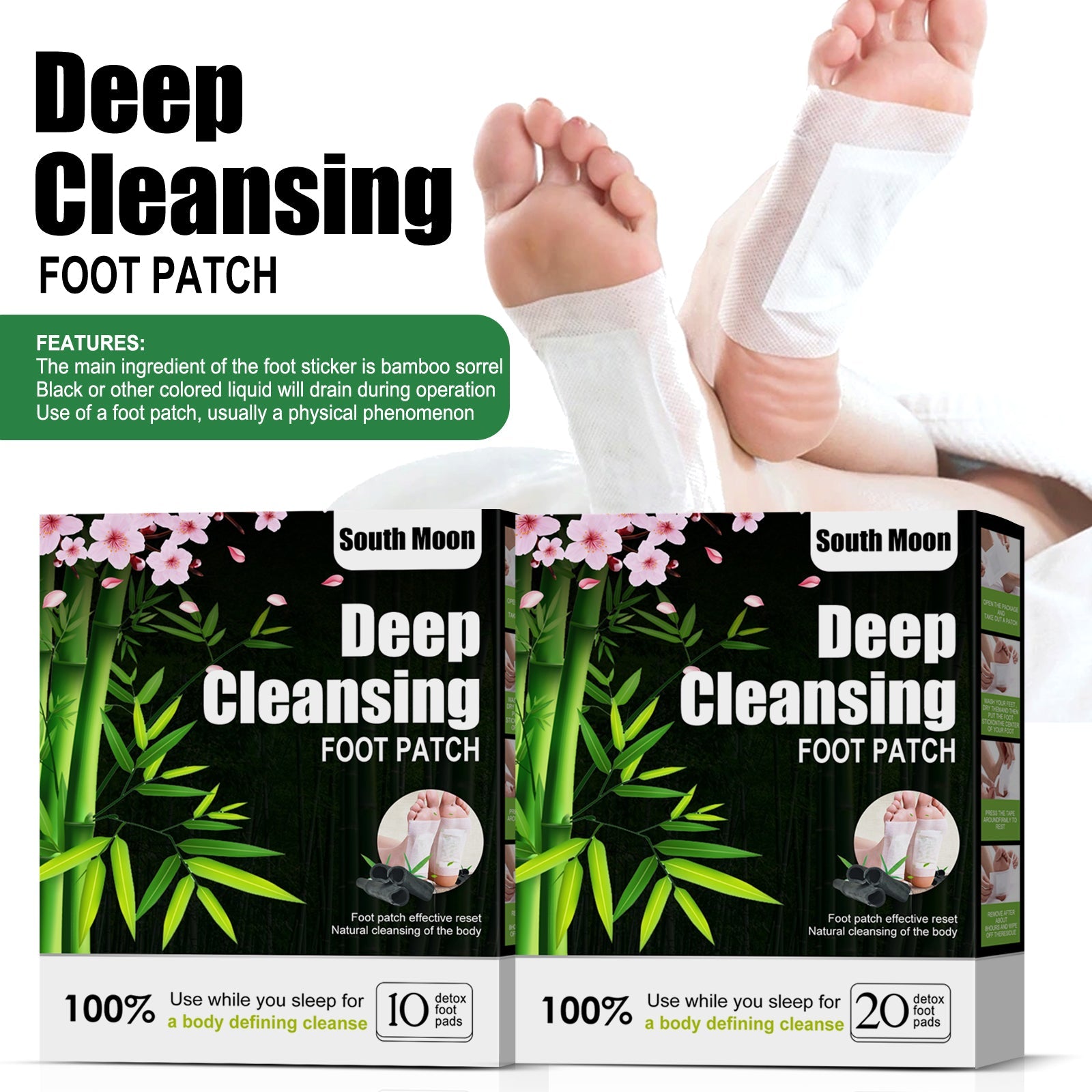 Four lifestyle benefit scenarios: man sleeping peacefully, woman with happy feet, hands massage imagery, man relieving fatigue headache; green banner stating 'Purify Your Body in Natural Way' with health benefit claims