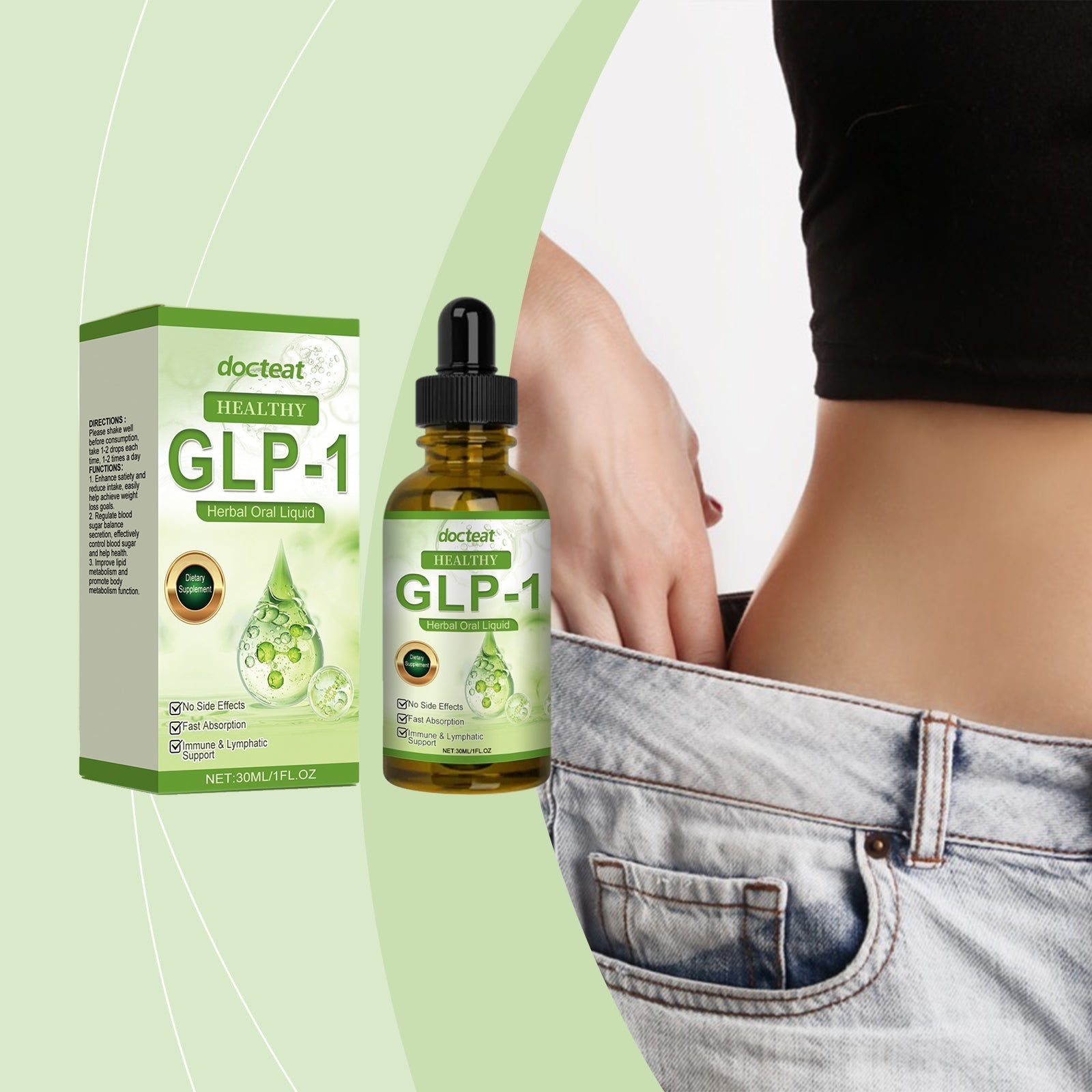 Person holding stomach area wearing jeans with product and packaging, demonstrating body sculpting benefit