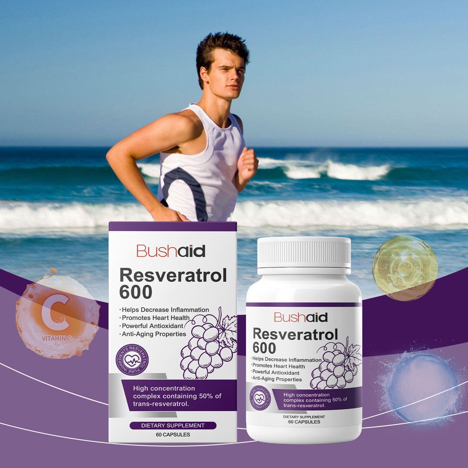 Athletic young man jogging on beach in tank top with visible supplement bottle and packaging positioned against ocean waves backdrop