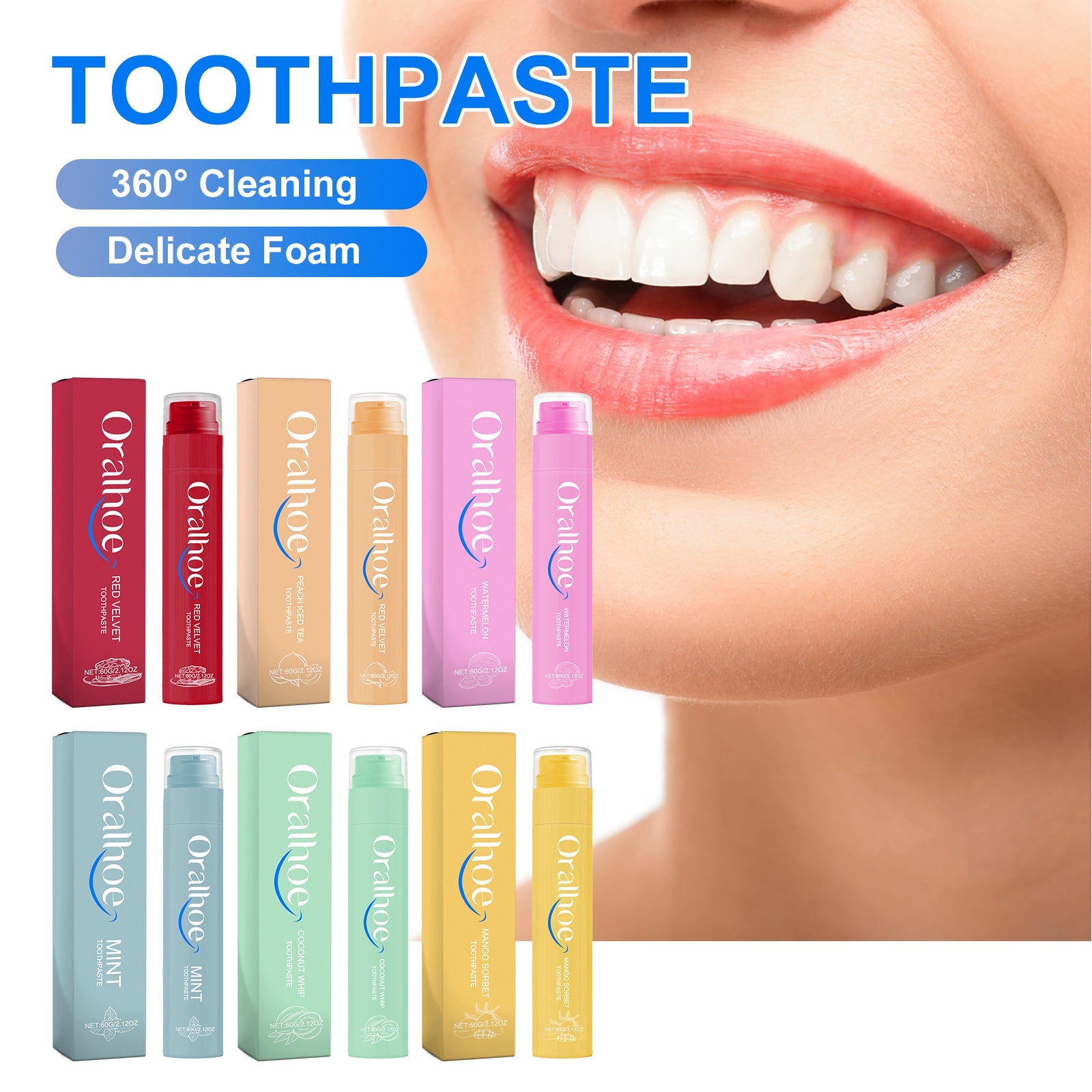 Smiling woman's mouth with bright white teeth; colorful toothpaste variants displayed below; 360° Cleaning and Delicate Foam claims visible