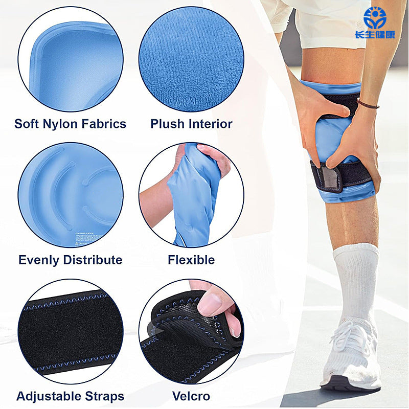 Six feature circles highlighting soft nylon fabrics, plush interior, evenly distributed gel, flexible design, adjustable straps, and velcro closure with lifestyle photo of knee pad worn during activity