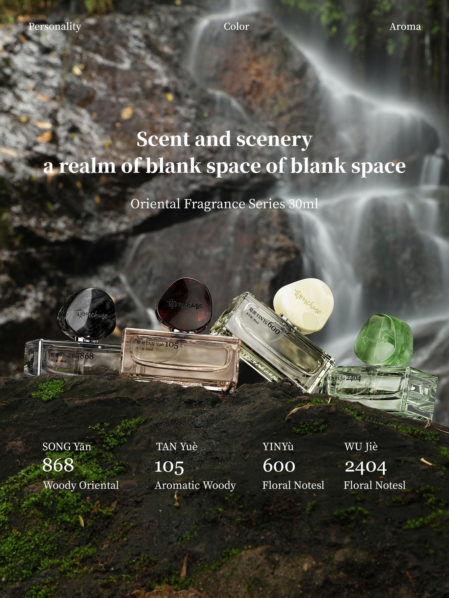Delicate hand holding SONG Yan 868 fragrance bottle with spray action captured