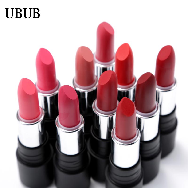 UBUB packaging box with three lipsticks displayed showing 'Long Lasting Lipstick' label and 'Do Not Take Off Makeup' text