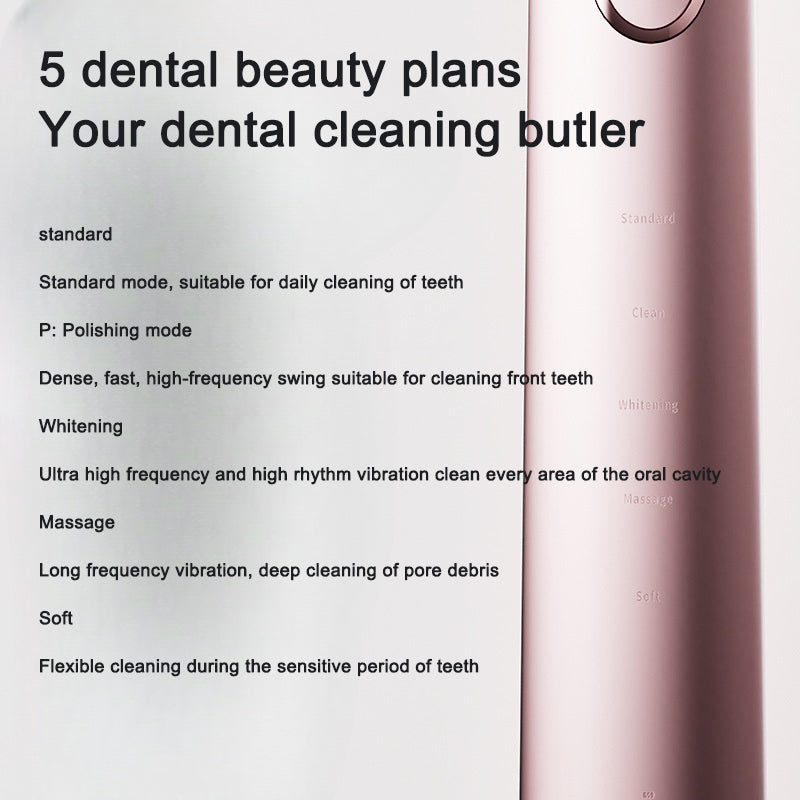 Detailed text listing 5 dental beauty plans with mode descriptions: Standard, Polishing, Whitening, Massage, and Soft modes