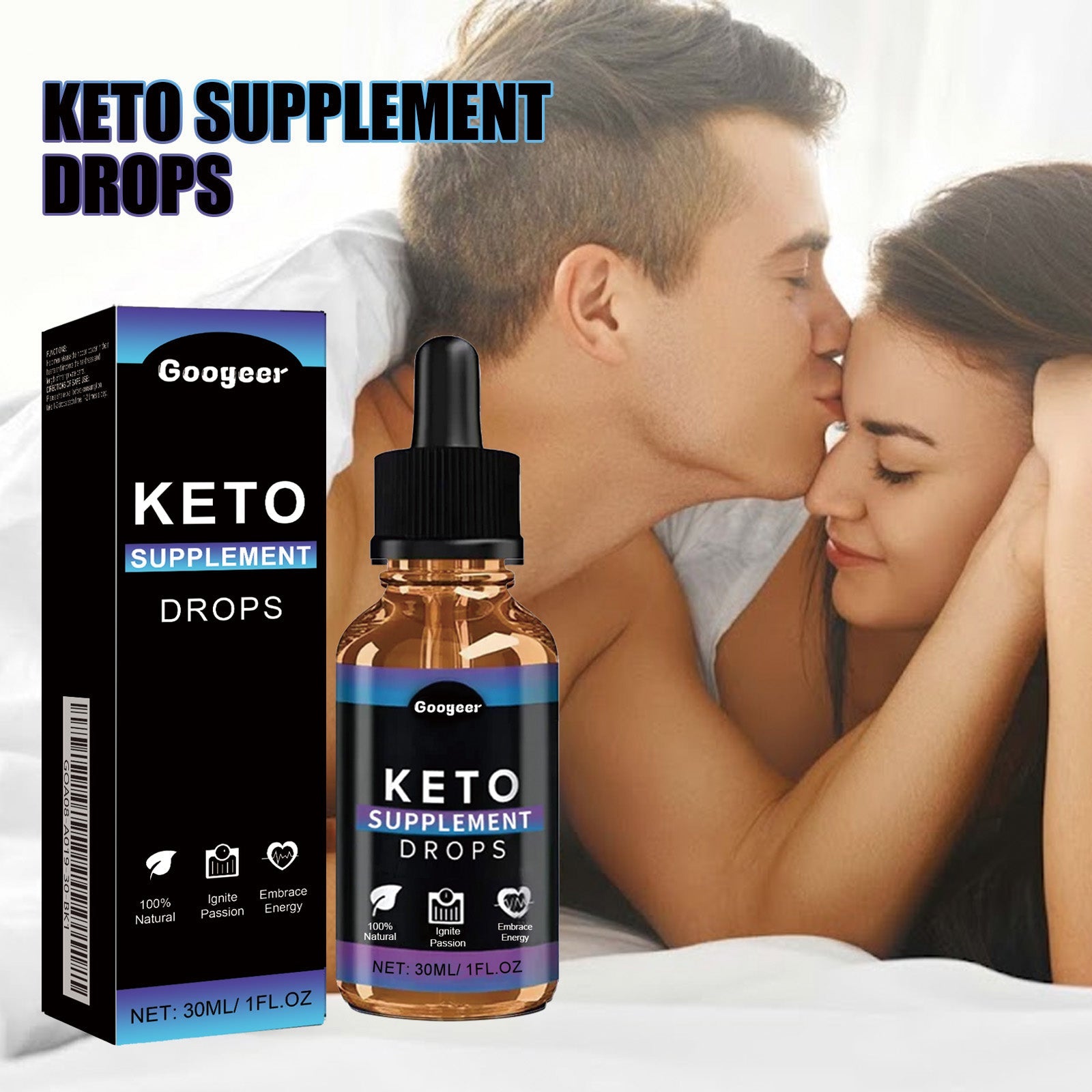 Young couple embracing intimately with product and packaging displayed; headline 'KETO SUPPLEMENT DROPS'