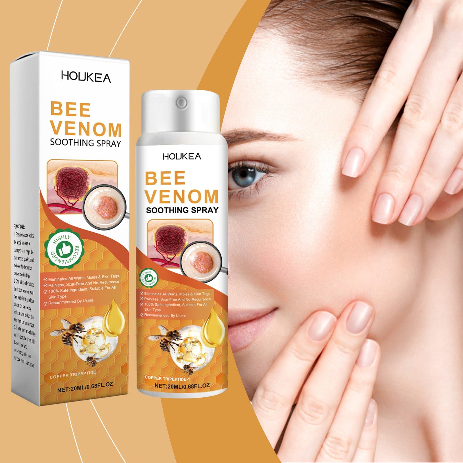 Woman applying spray to face with visible skin clarity; product and packaging displayed on warm gold background