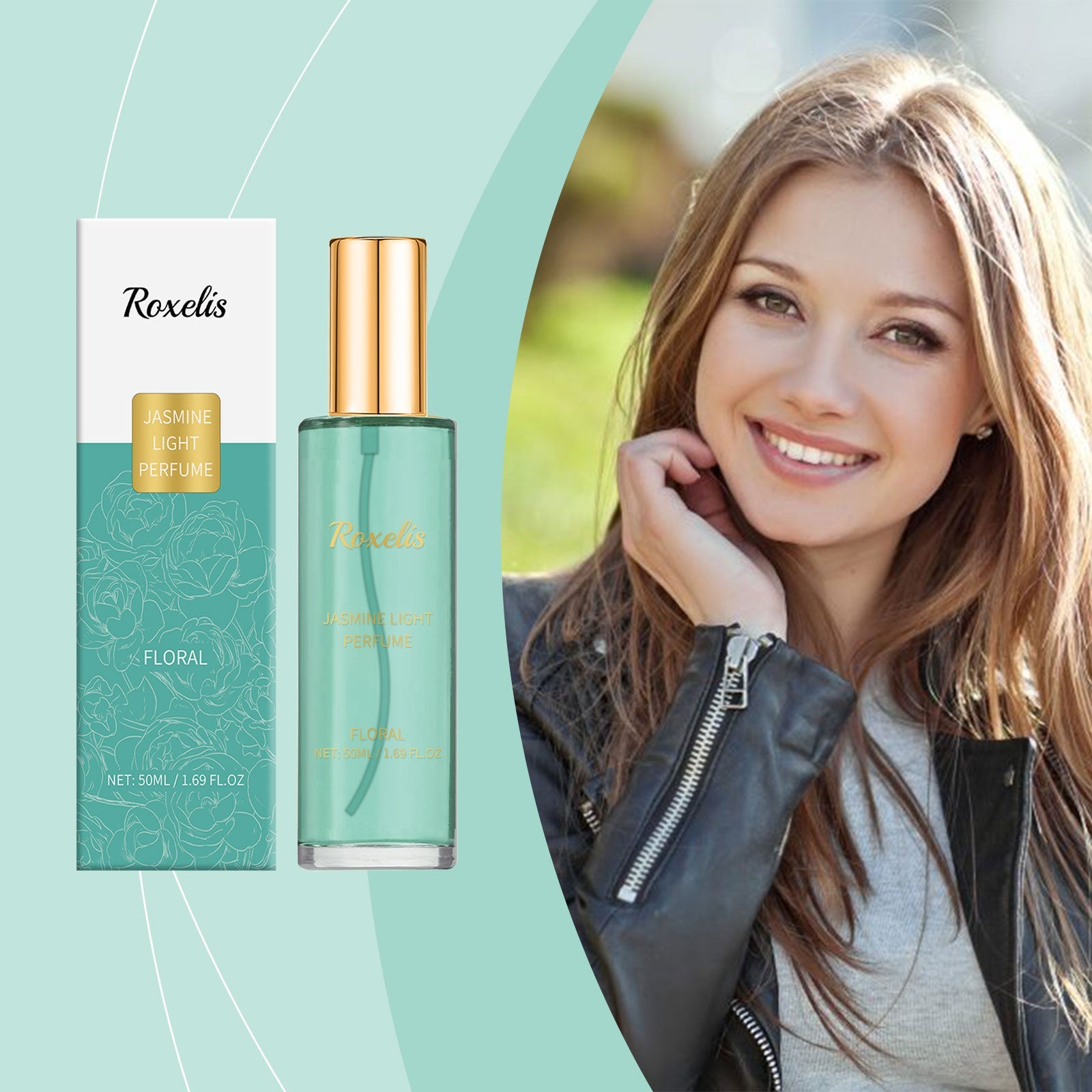 Young woman smiling confidently with product display on turquoise diagonal background