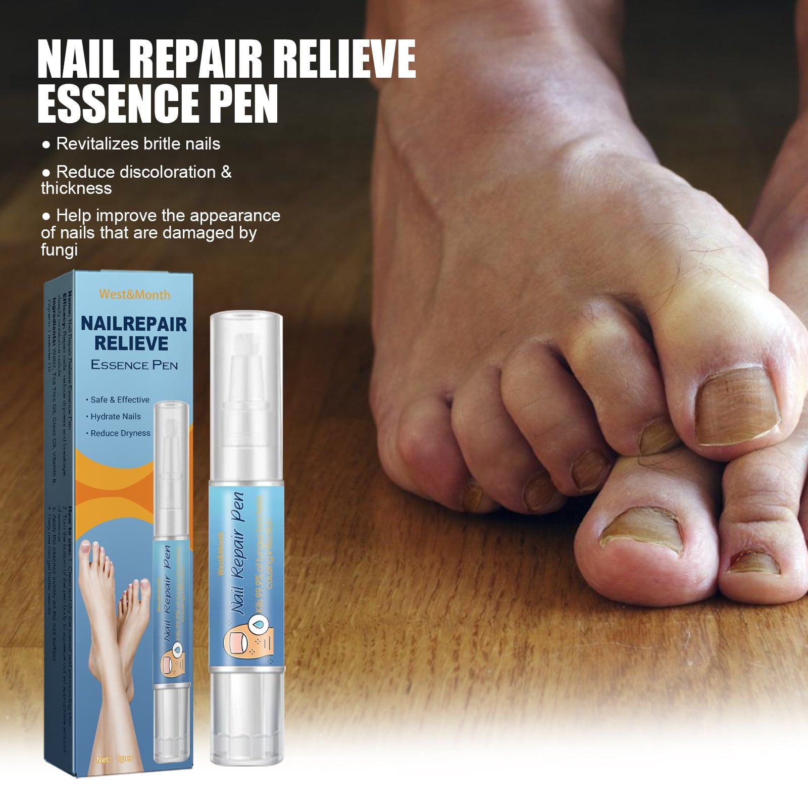 Duplicate product and damaged nails lifestyle image with white text overlay stating key benefits