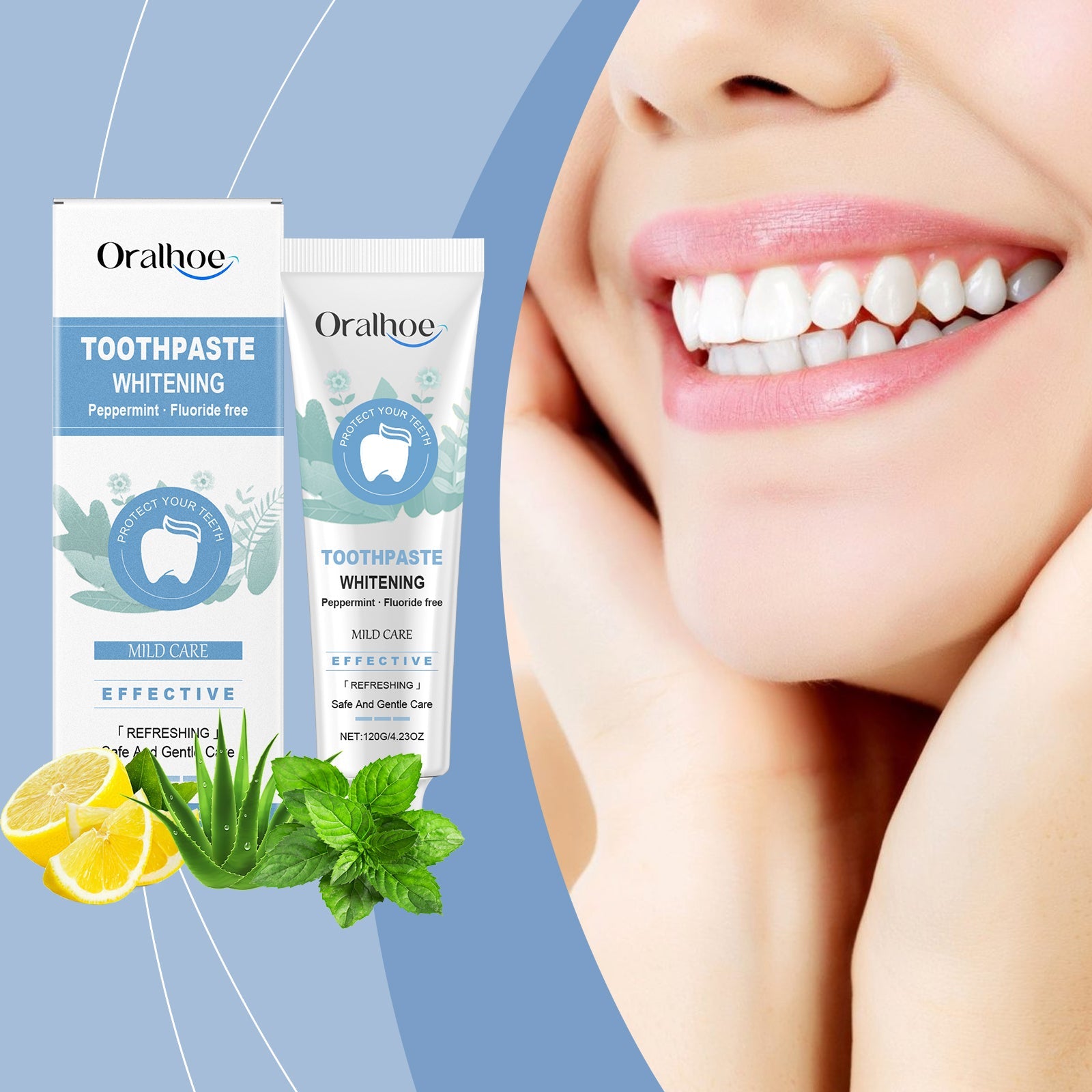 Woman with bright white smile showing visible whitening results with product and botanical ingredients featured