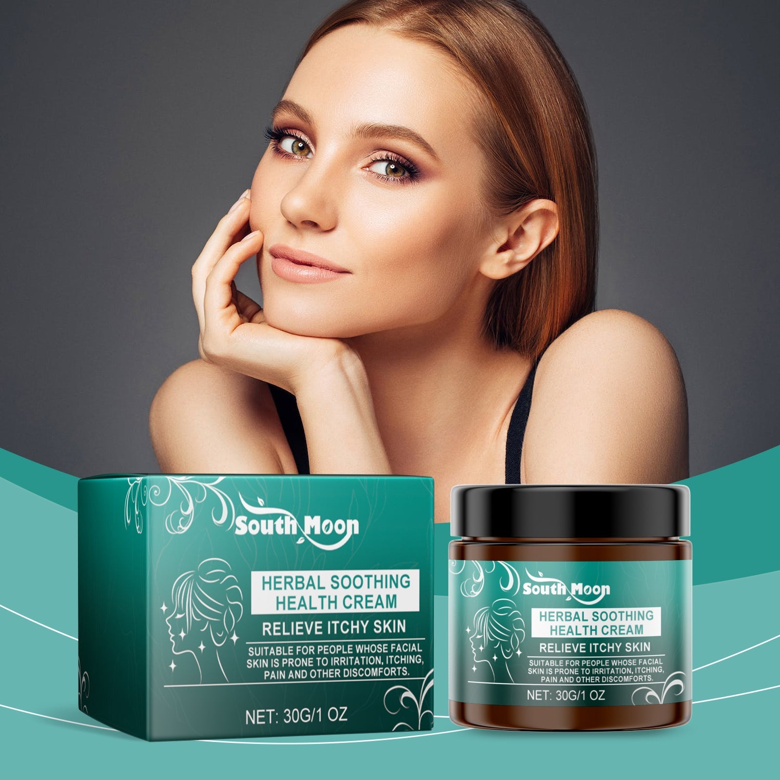 Woman with clear, calm complexion touching her face gently, shown with product packaging against teal wave-patterned background