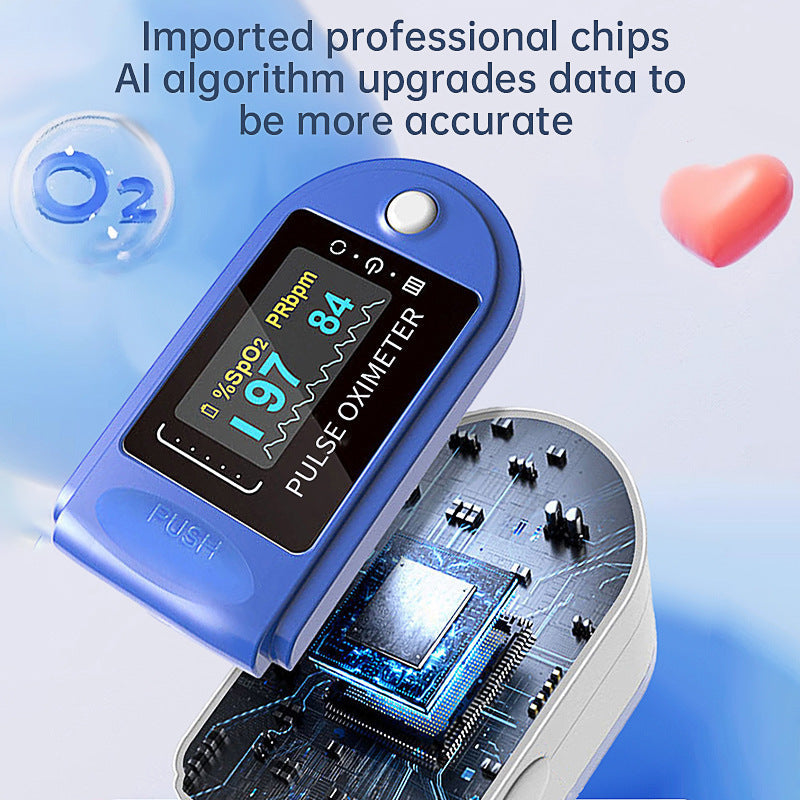 Marketing image highlighting imported professional chips and AI algorithm upgrade with circuit board visualization and O2 molecule graphic