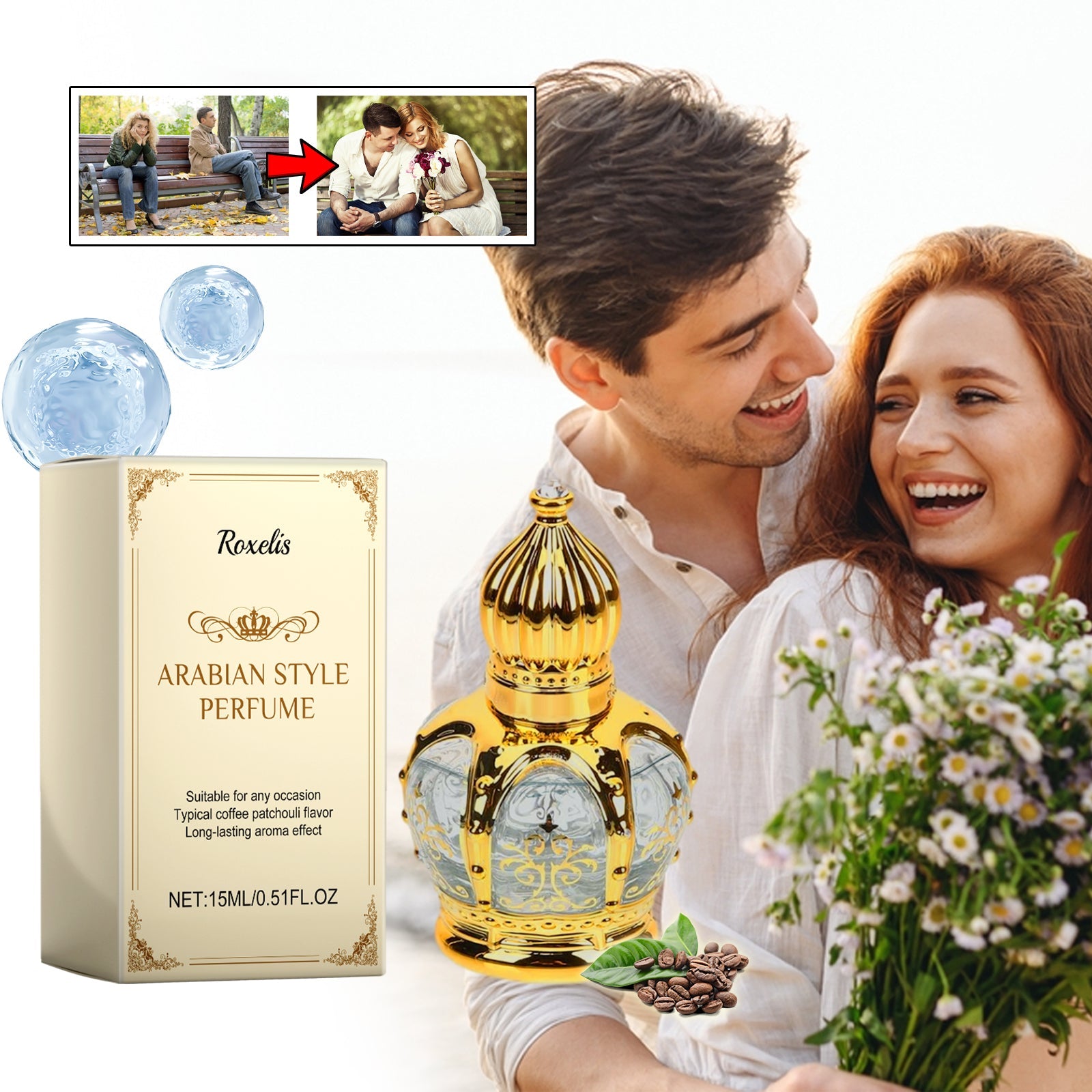 Young couple smiling outdoors with perfume bottle, coffee beans, and white flowers; transition panel shows romantic progression