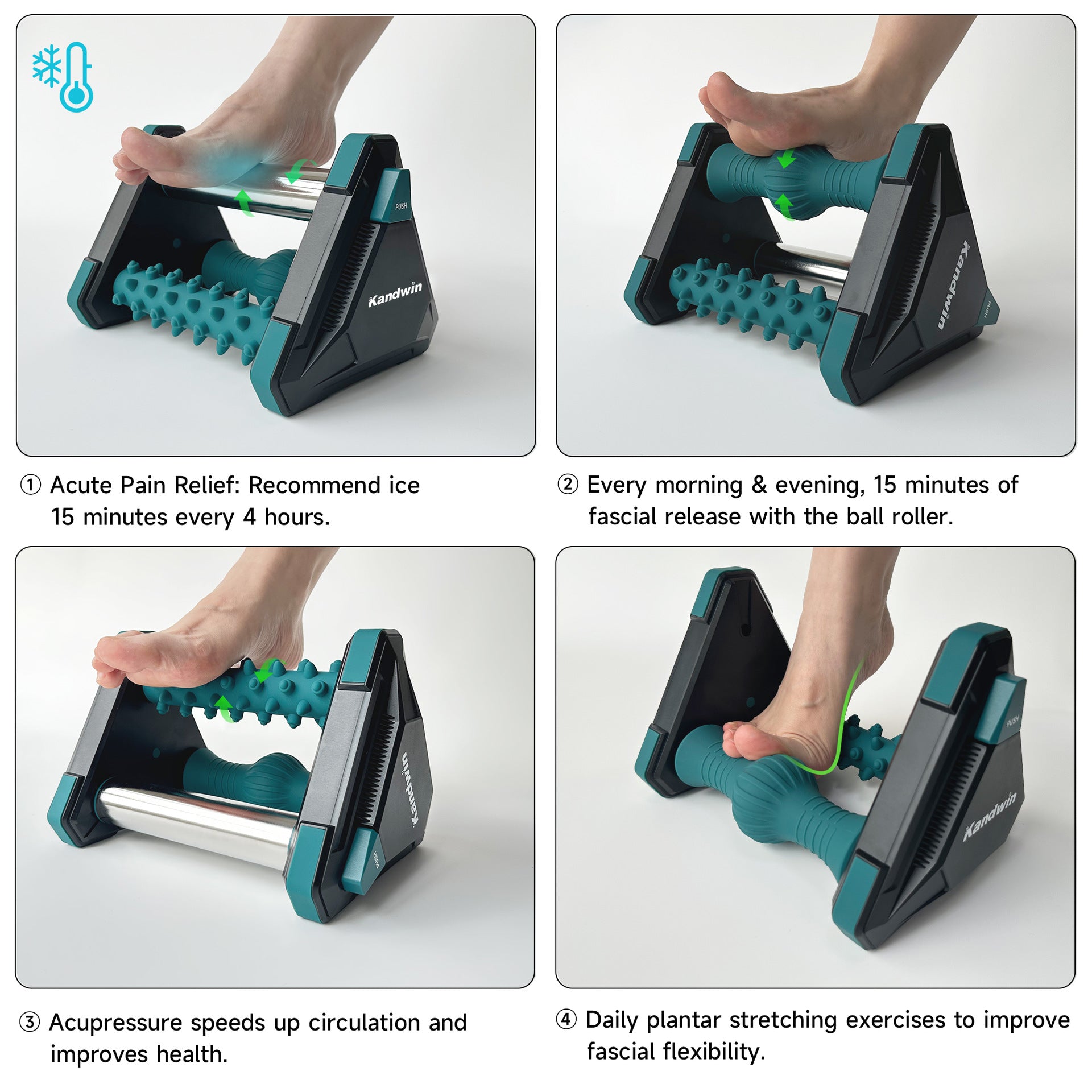 Overhead product shot in warm ambient light with hands in frame, emphasizing 'Heavy Duty Plantar ProCare' and '3 in 1' messaging with orange accent