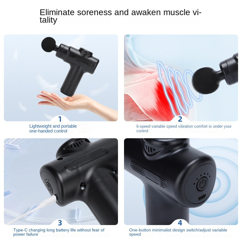 Close-up product shot of matte black massage gun from side angle showing smooth cylindrical body, textured grip areas, and spherical massage head