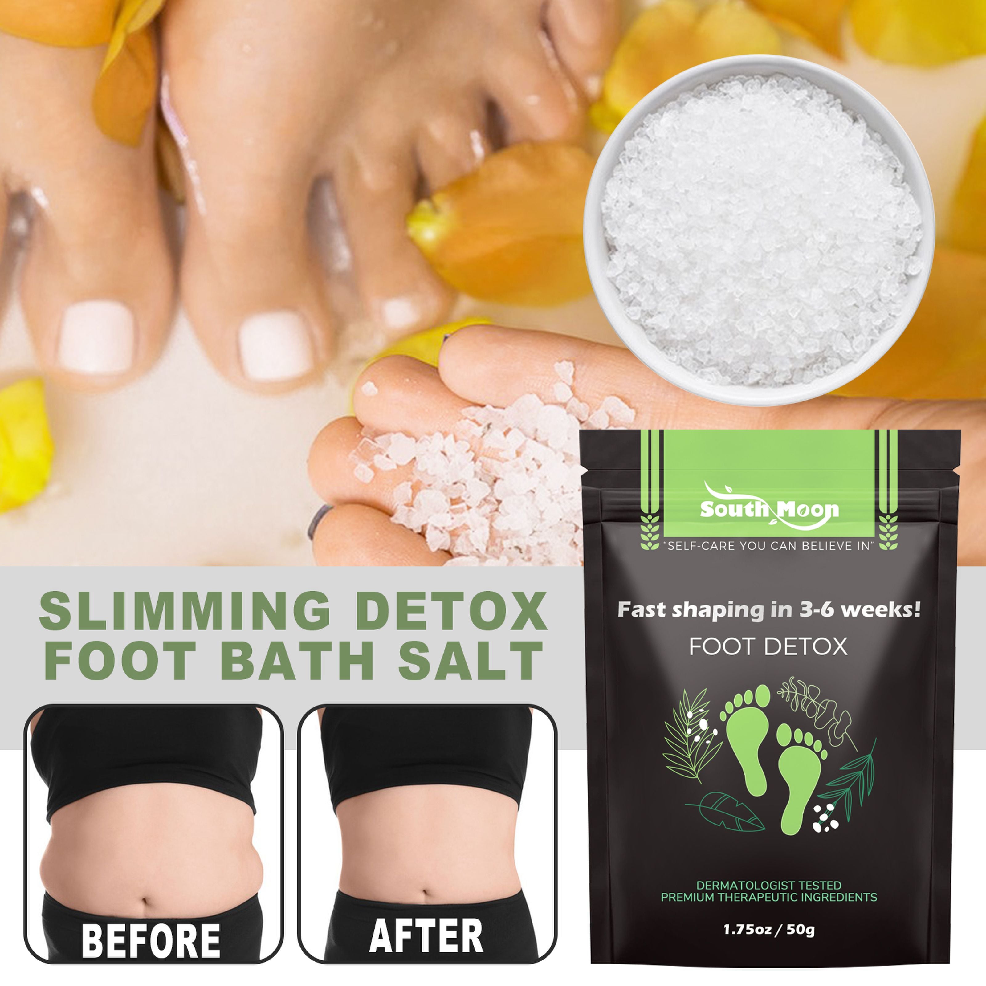 Dramatic before/after split showing hands holding salt granules, feet with visible results, and body transformation from soft belly to defined waist
