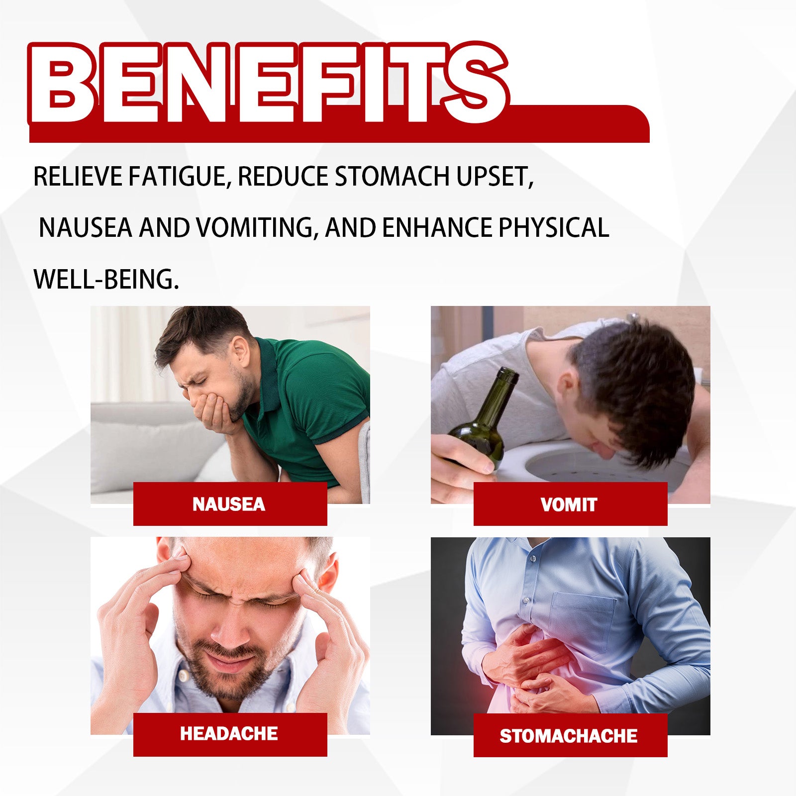 Benefits infographic showing four specific hangover symptoms (nausea, vomit, headache, stomachache) with corresponding imagery of affected individuals