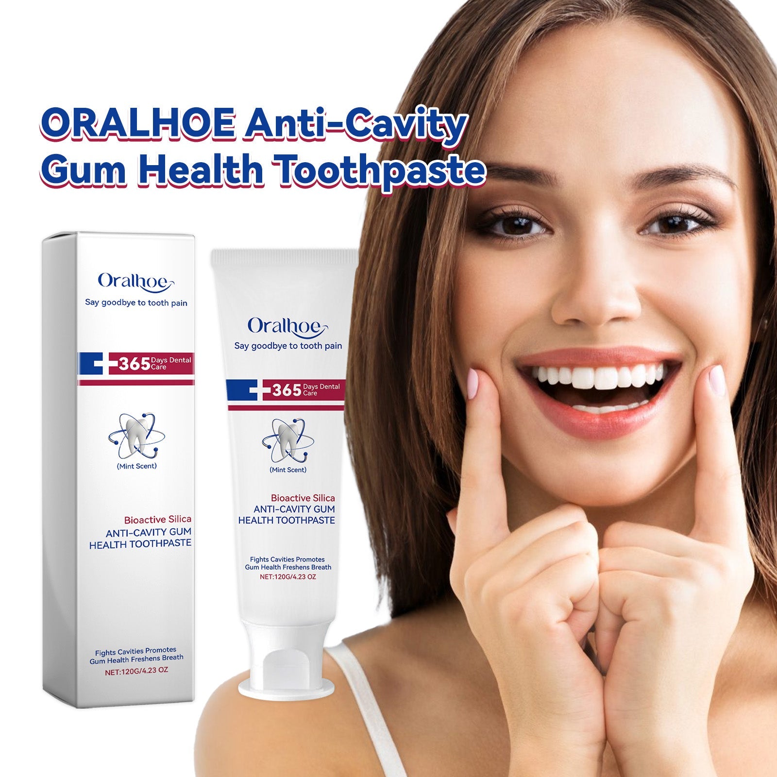 Product box and tube side-by-side showing Oralhoe branding and bioactive silica anti-cavity claims
