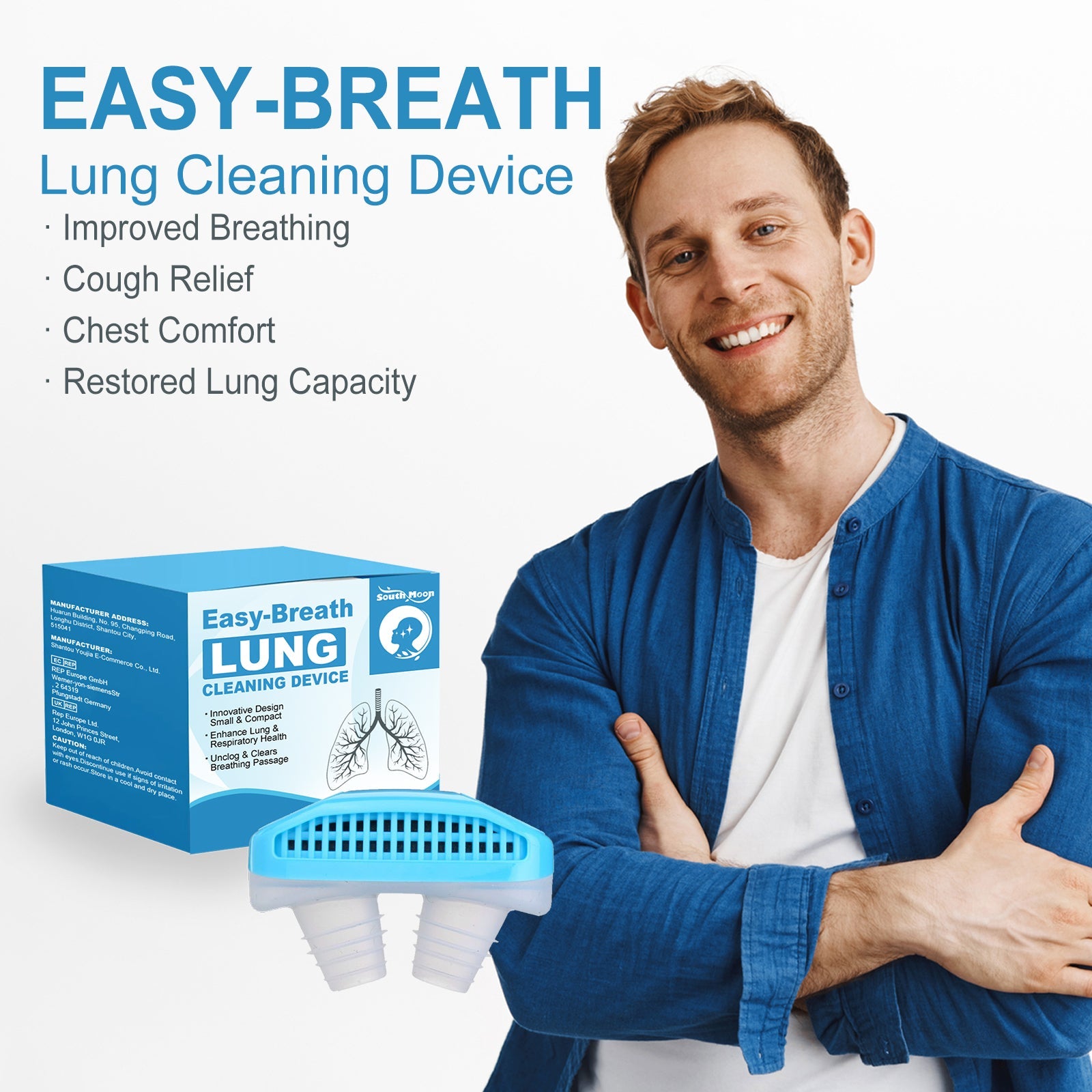 Product box showing key claims and lung diagram illustration