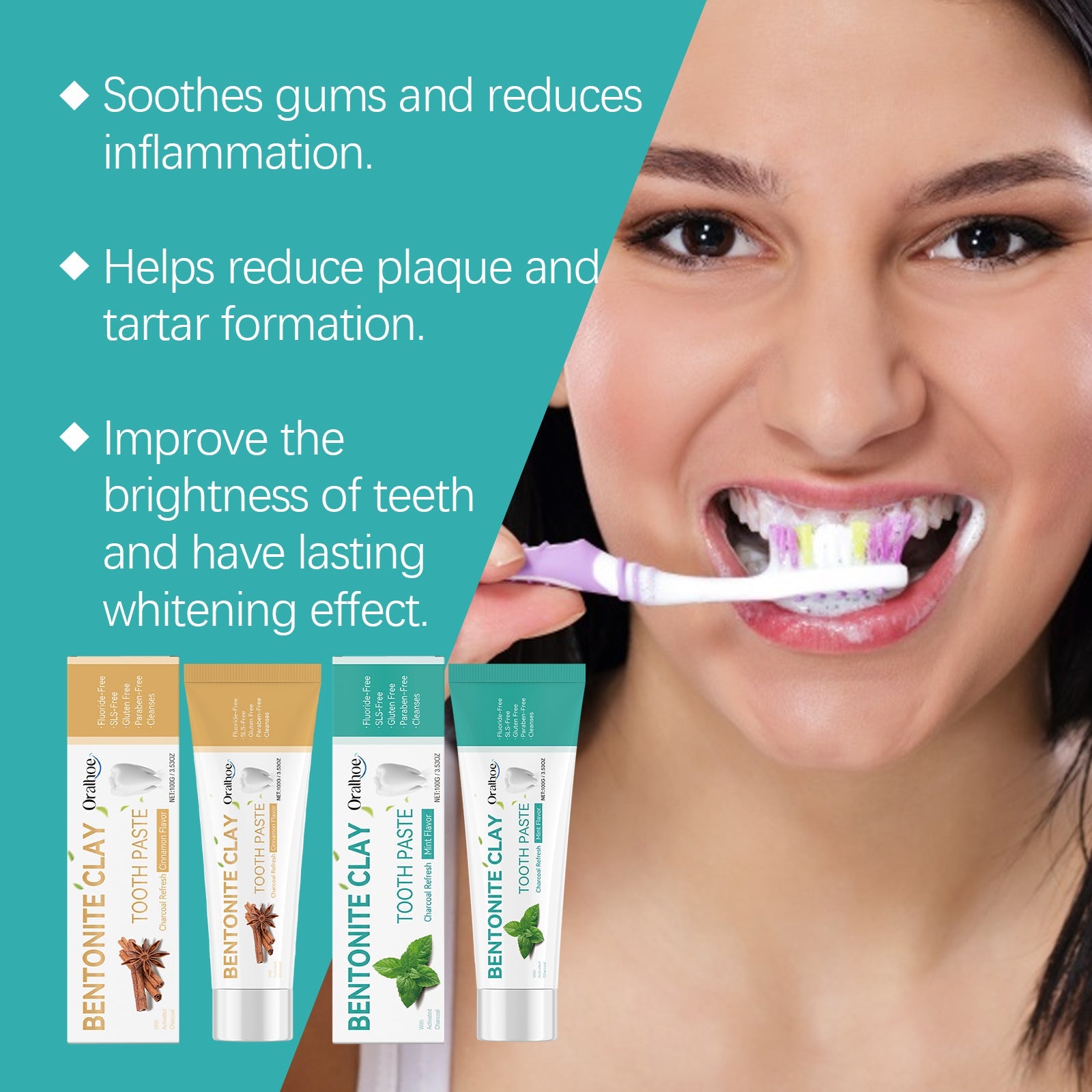 Woman applying peppermint variant with colorful bristle toothbrush alongside key benefit cards for Fresh Breath and Remove Dirt