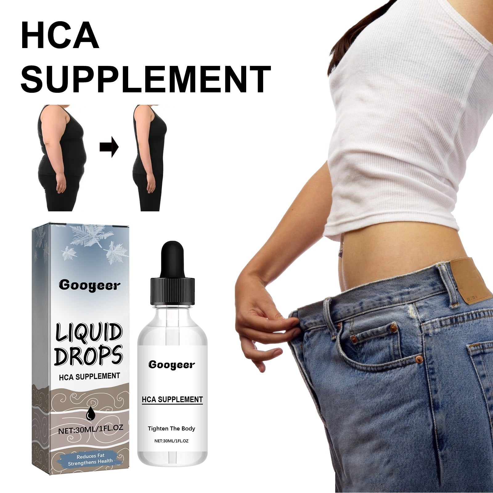 Educational infographic displaying common weight gain factors and person in oversized jeans showing successful body toning