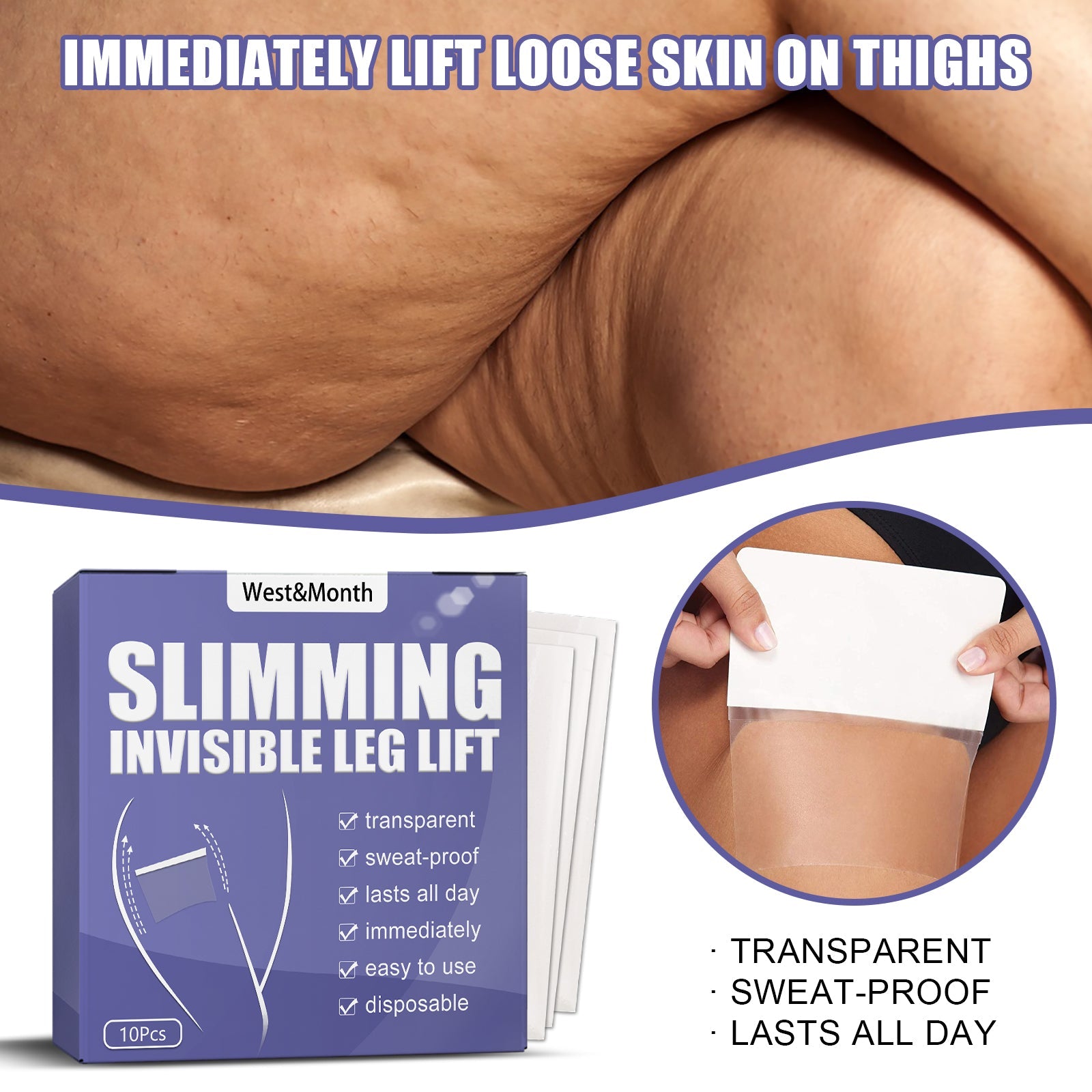 Close-up of thigh showing loose skin being lifted by transparent strip, with circular detail showing product placement and three key benefits: transparent, sweat-proof, lasts all day