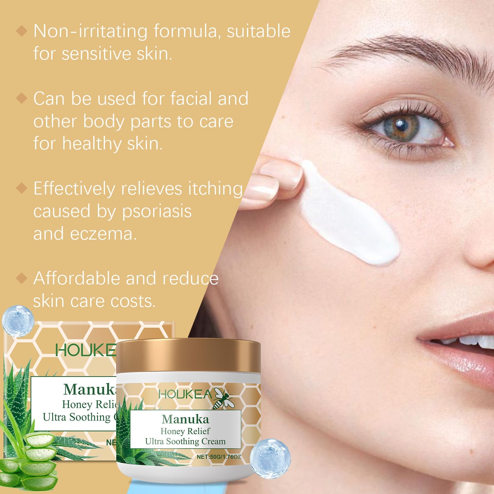 Benefits breakdown with model face showing cream application and four key claims: non-irritating for sensitive skin, facial and body use, relieves psoriasis/eczema itch, affordable