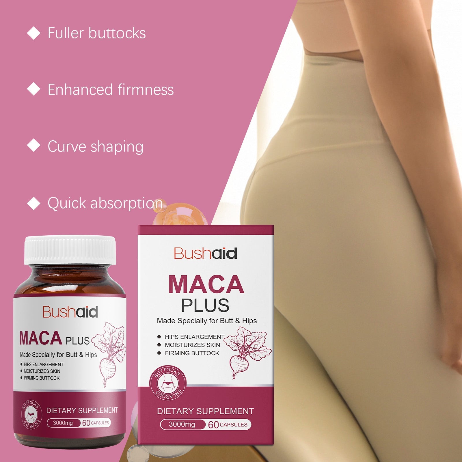 Product bottle and box with bulleted benefit list (fuller buttocks, enhanced firmness, curve shaping, quick absorption) and side-profile image of woman showing hip curve definition