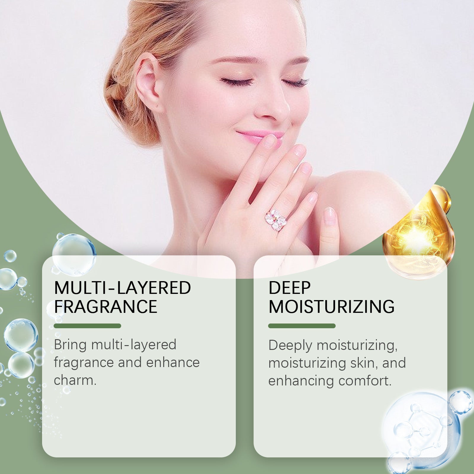 Woman applying spray to face with text 'Soothing and Relaxing' describing mood enhancement and stress reduction