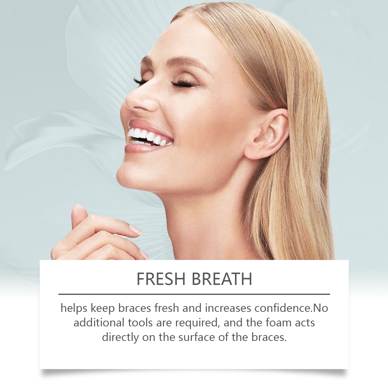 Woman with blonde hair smiling brightly in profile against light blue background with 'FRESH BREATH' text overlay