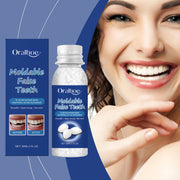 Oralhoe Moldable False Teeth packaging box and bottle with before/after smile comparison