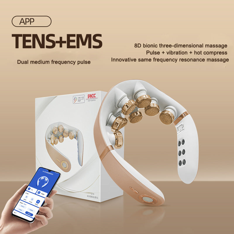 App-controlled version displayed with smartphone showing blue interface, product with multiple massage heads, and packaging