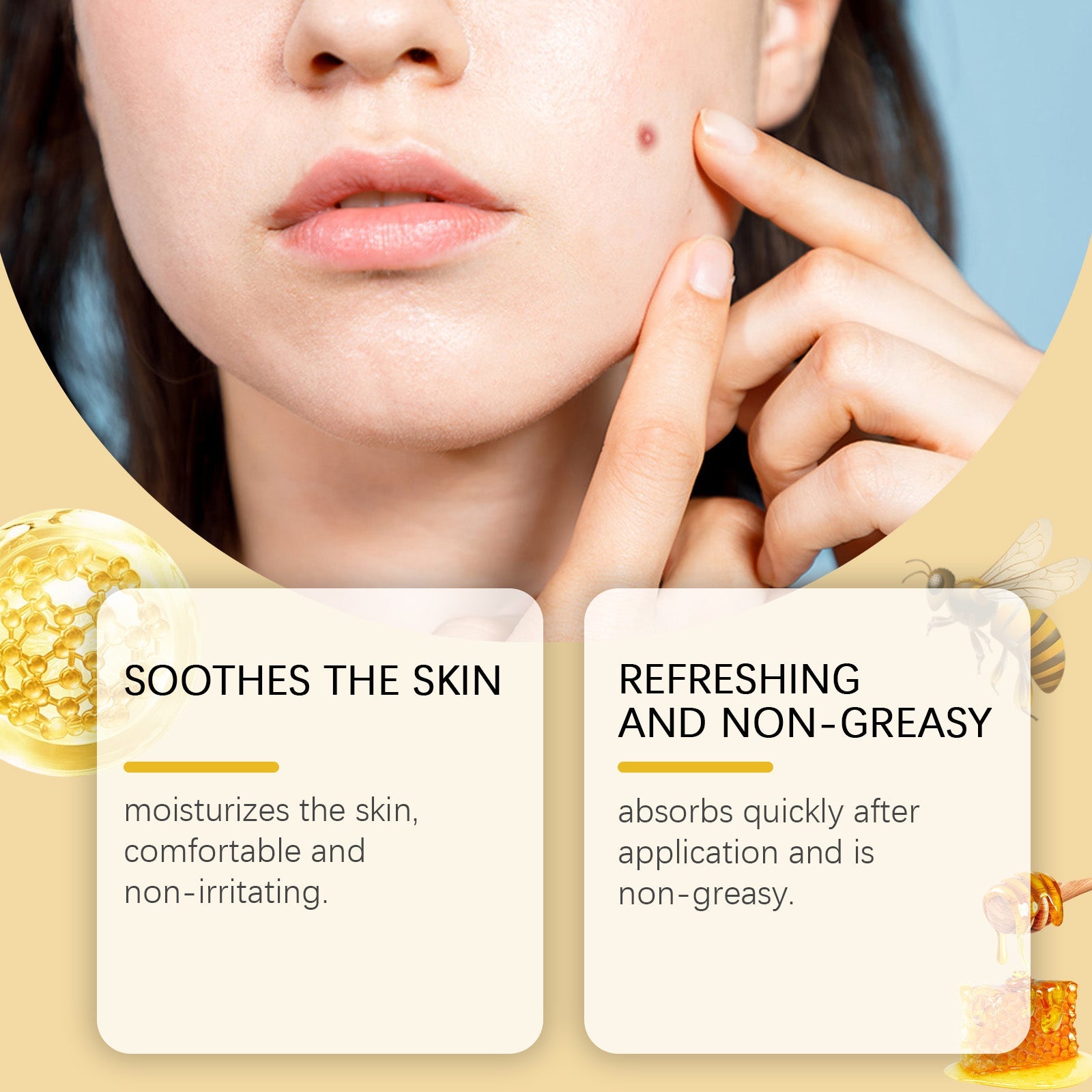 Split-screen comparison showing packaging on left and before/after wart removal results on skin on right with yellow gradient background