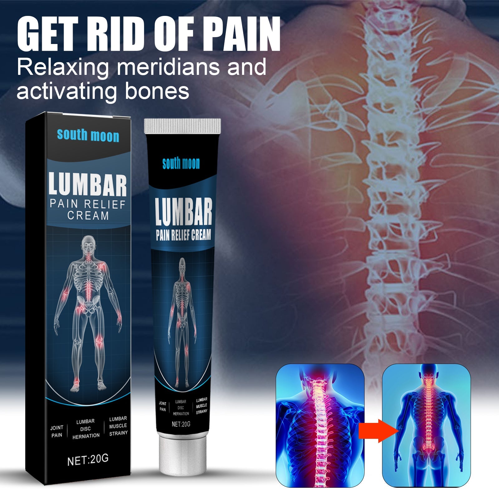 Grid showing six applicable pain symptoms: lumbar pain (lower back hands), disk pain (spine with red dots), joint numbness (hip/buttock), shoulder pain (neck/shoulder), cervical pain (upper back), swollen knees (knee hands)