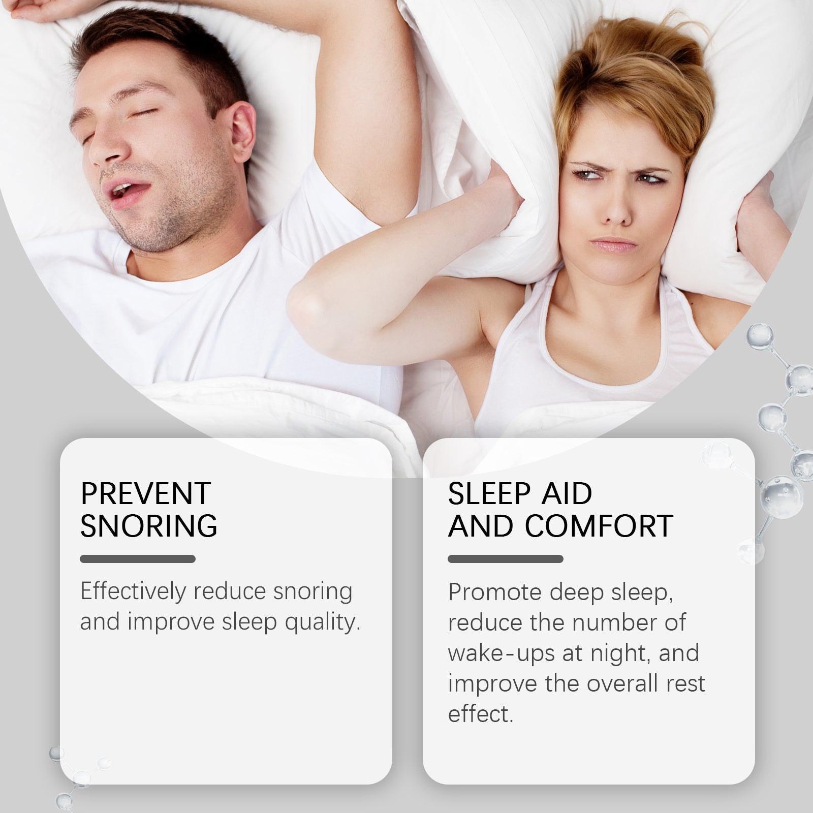 Side-by-side comparison showing man snoring and woman disturbed, with benefit claims for snoring prevention and sleep quality