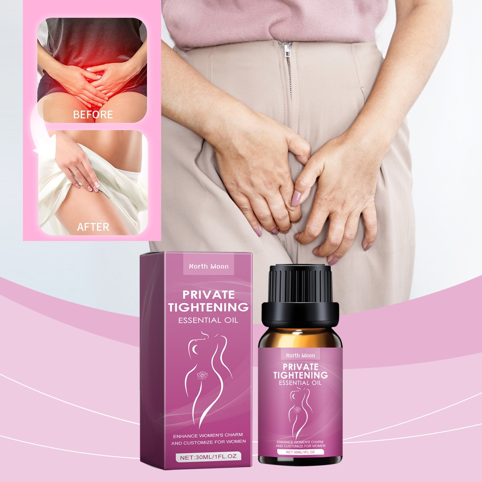 Woman demonstrating comfort and confidence after using the product in casual daily clothing