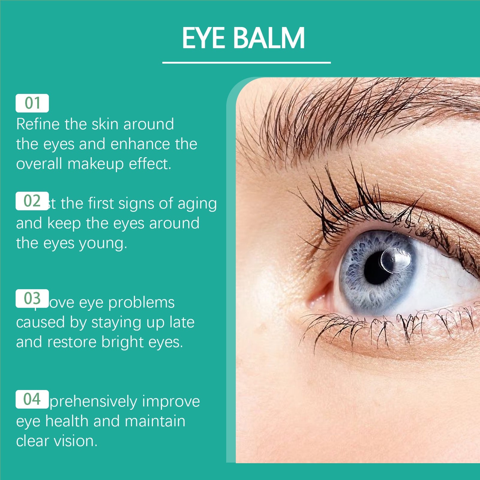 Infographic with four numbered benefits and close-up of bright blue eye with full lashes