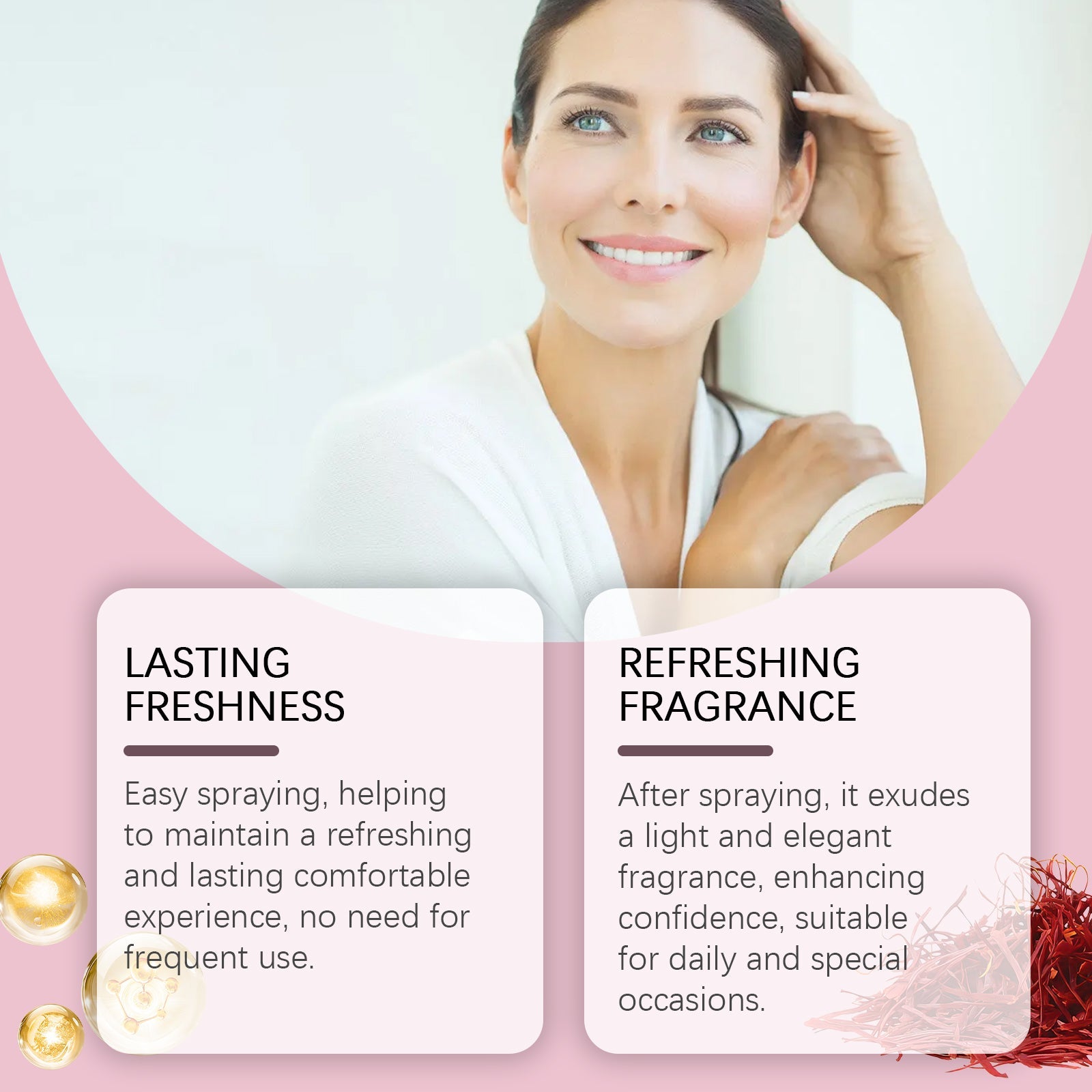 Confident smiling woman with text highlighting 'Lasting Freshness' and 'Refreshing Fragrance' benefits