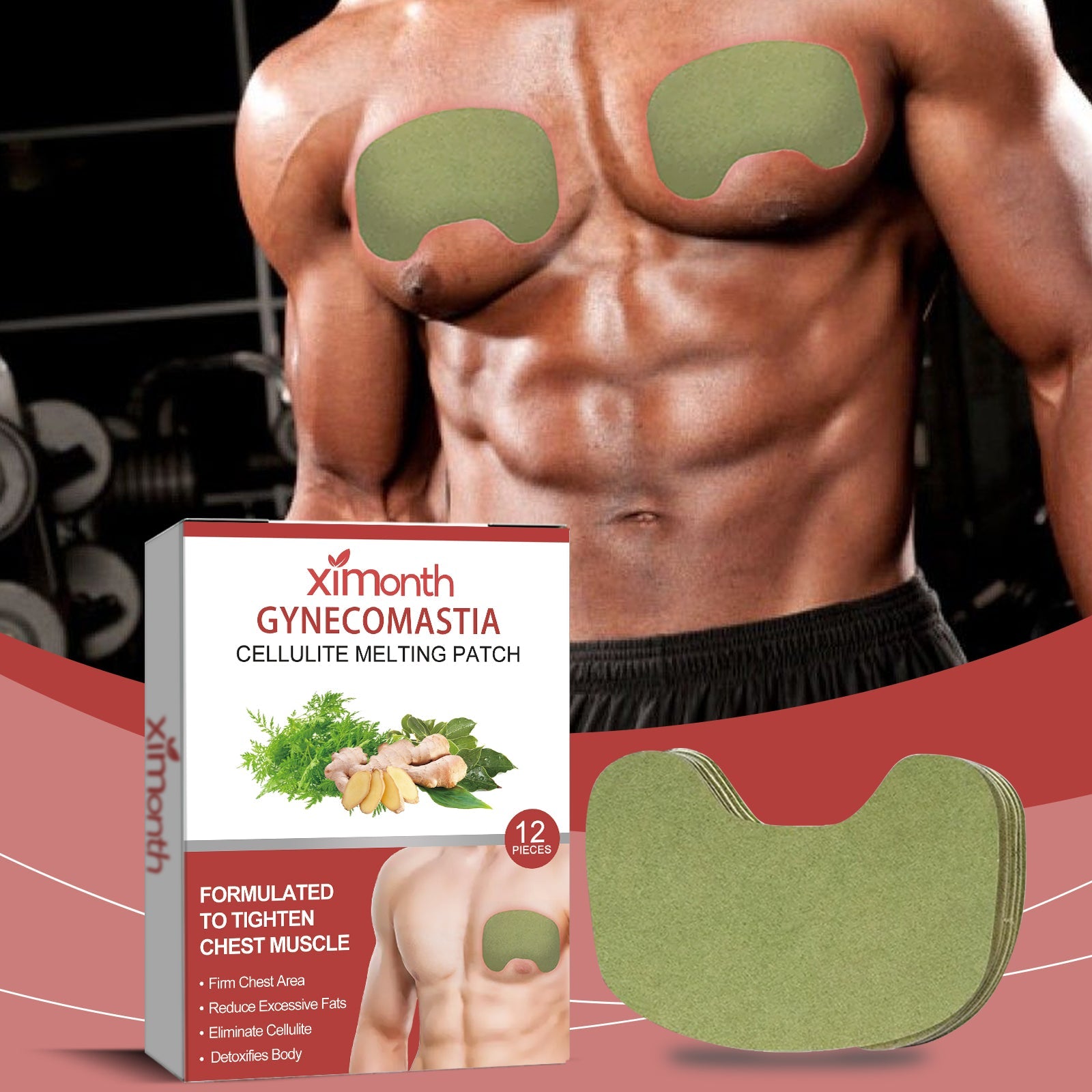 Ximonth Gynecomastia Cellulite Melting Patch box and individual sage green patch displayed side-by-side