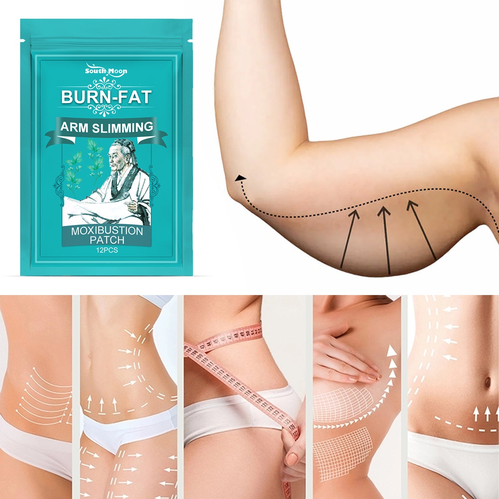 Progressive arm transformation showing three stages of arm definition improvement; adjacent lifestyle image of patch application on arm with measurement text 'Moxibustion Patch'