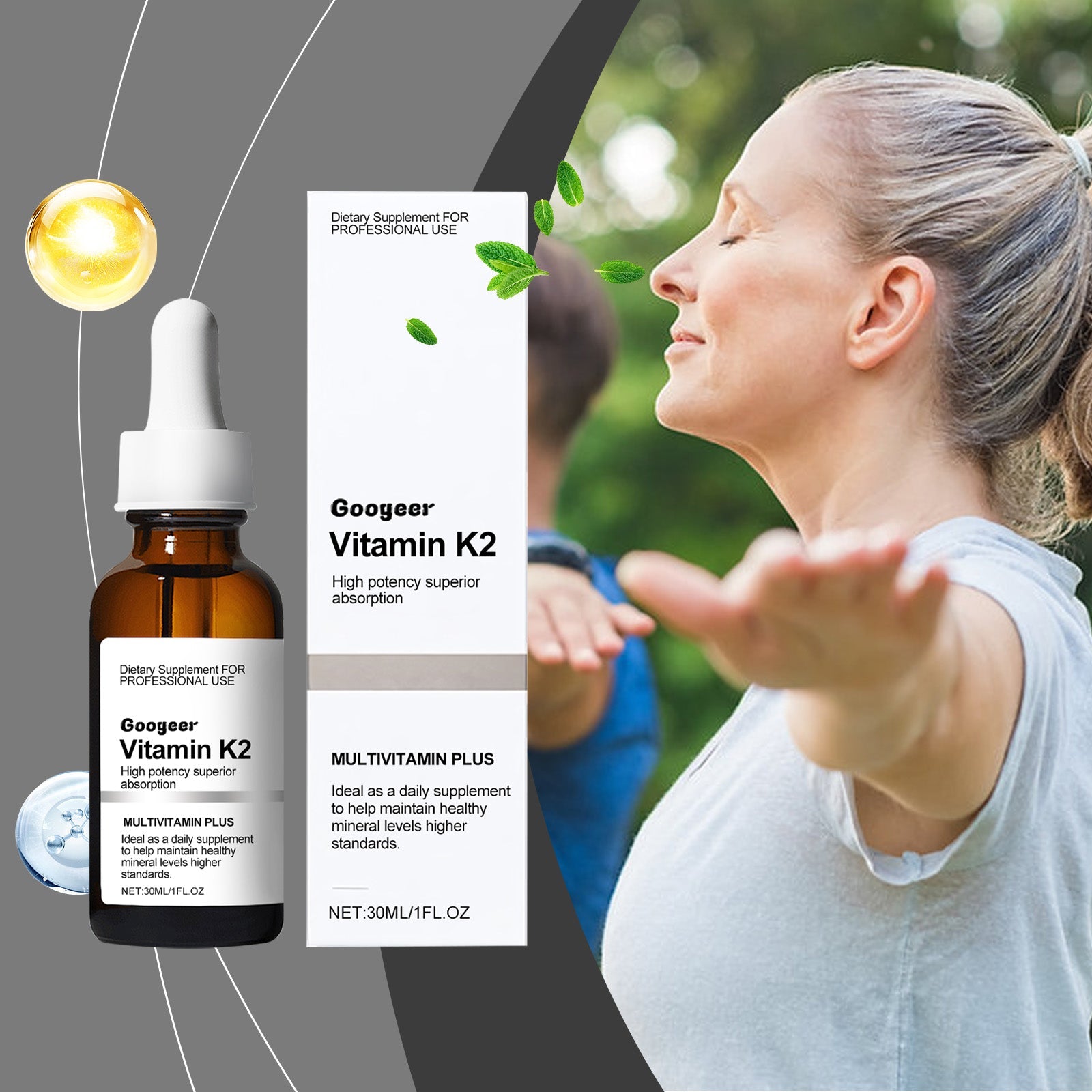 Composition with active mature woman outdoor in motion, golden wellness orb, and product bottle with green leaf elements suggesting natural vitality
