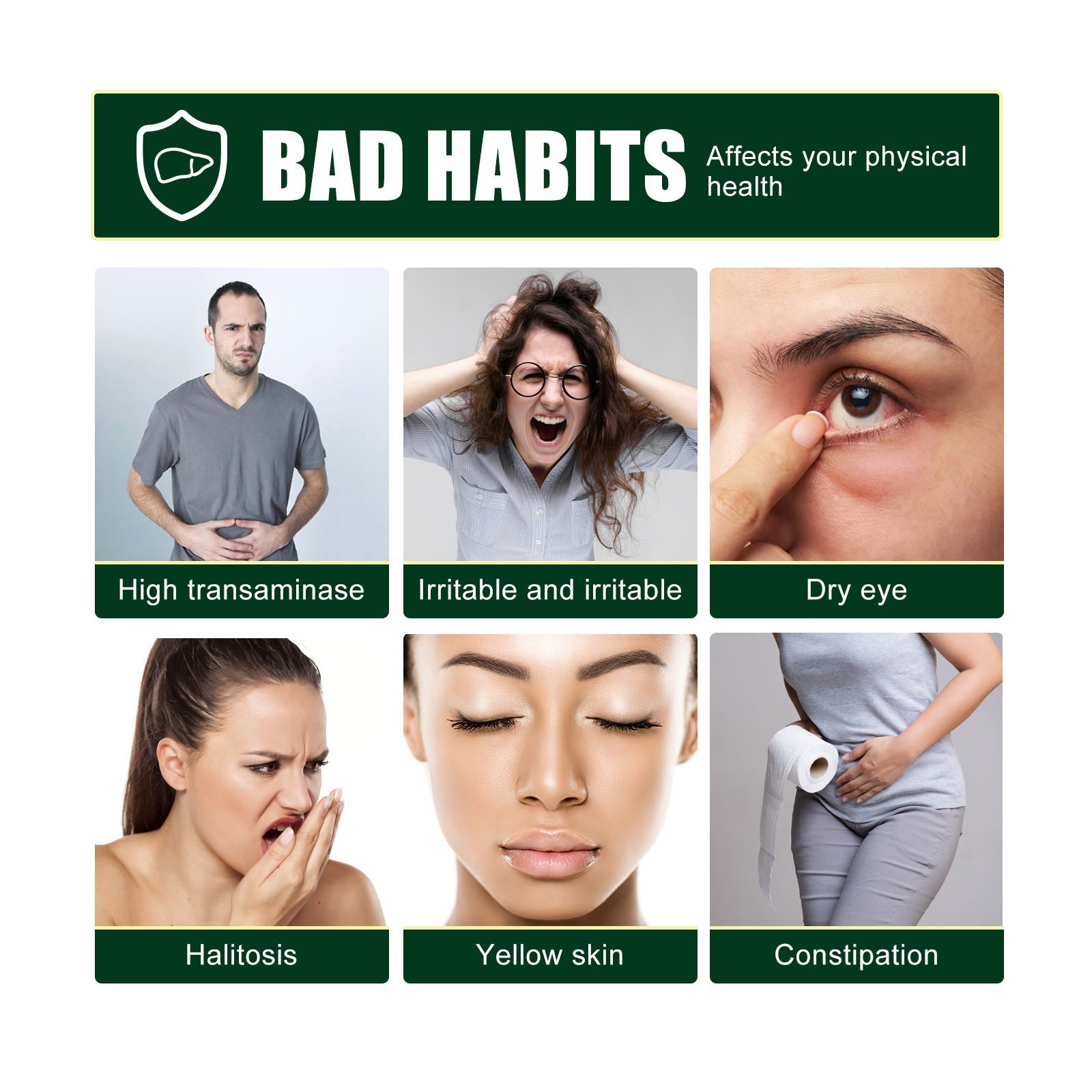 Grid showing six health problems from bad habits: high transaminase, irritability, dry eyes, halitosis, yellow skin, and constipation
