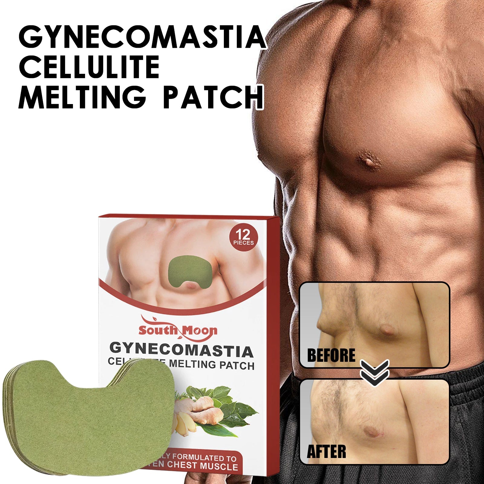 Lifestyle and educational image featuring fit male body, highlighted chest area with arrow, ginger root and natural plant ingredients imagery, before/after inset showing chest skin tightening, chain-link detail symbolizing strength