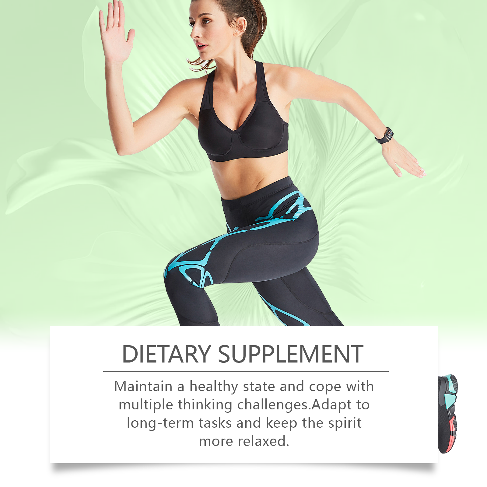 Athletic woman in black sports bra and leggings performing dynamic exercise pose against soft green background with 'Dietary Supplement' text and cognitive benefits messaging