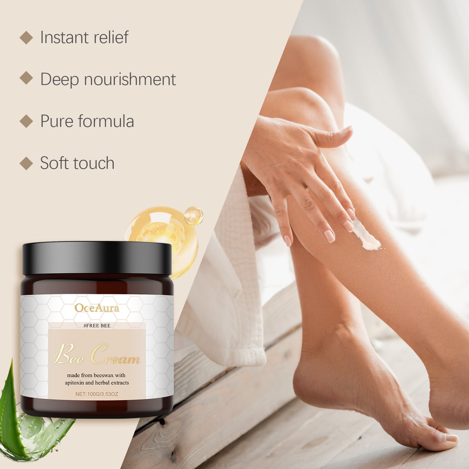 Product with key benefit claims: Instant relief, Deep nourishment, Pure formula, Soft touch, plus ingredient droplet and aloe leaf