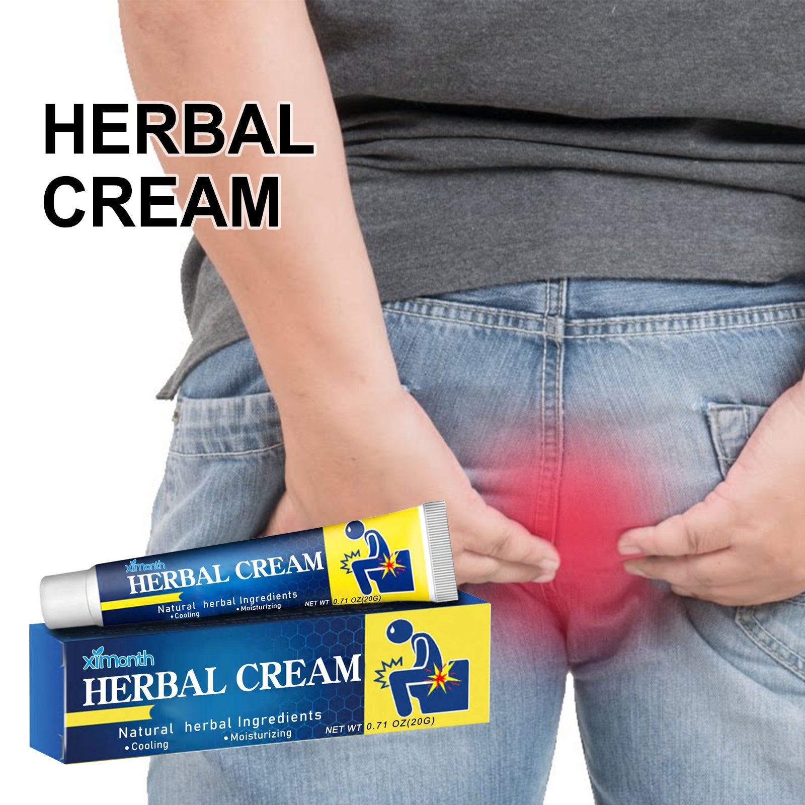 Person in casual clothing holding cream tube near lower back area with visible redness overlay indicating discomfort zone