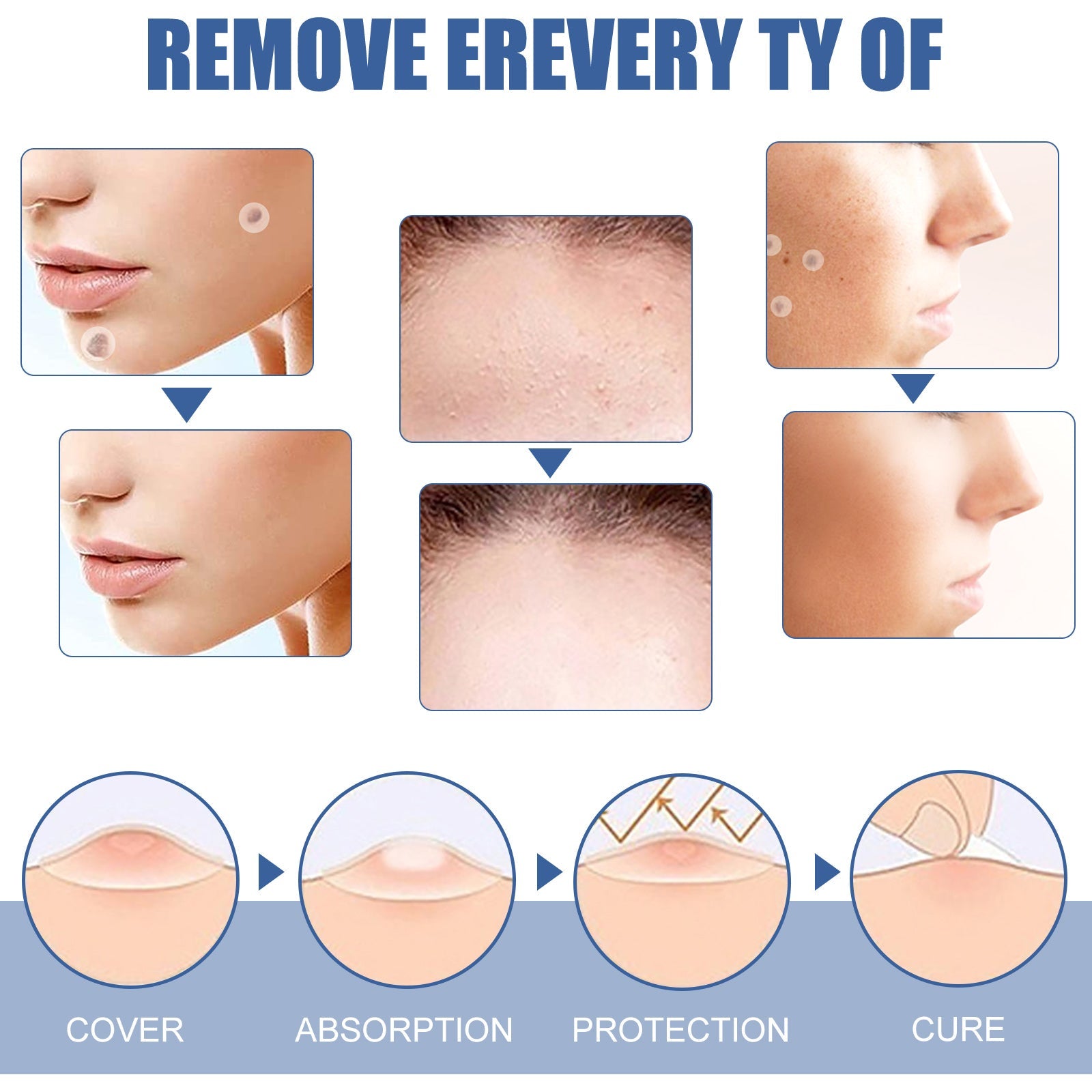 Woman applying patch with blue gloved hand (top left), serene woman touching her healed face (right), and three-step application sequence showing proper patch placement and removal on arm