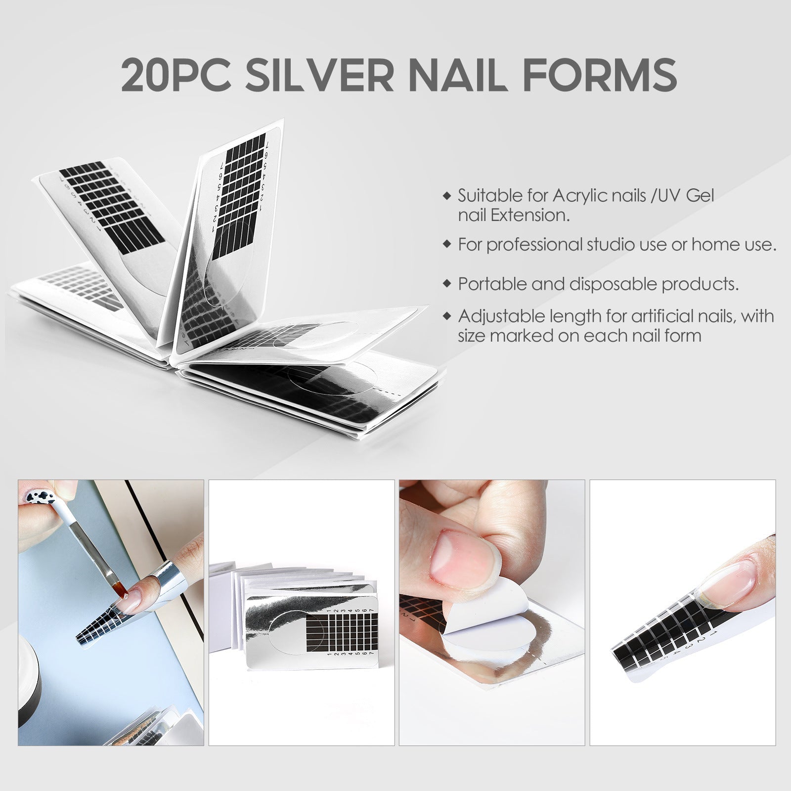20pc silver nail forms in open fan layout with size grid markings, showing portable disposable design suitable for acrylic and UV gel extensions